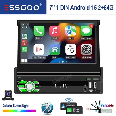 Produktbild von 7 Zoll Single DIN Android 15 Autoradio mit Apple Carplay Android Auto GPS Navi WLAN Touchscreen Freisprechanlage Bluetooth USB Rückfahrkamera Anschluss 2GB
