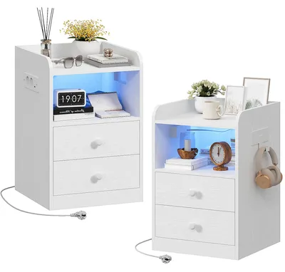 Zdjęcie produktu dla IRONCK, zestaw dwóch stolików nocnych z gniazdkiem i oświetleniem LED, stoliki boczne z 1 portem USB i 1 portem typu C