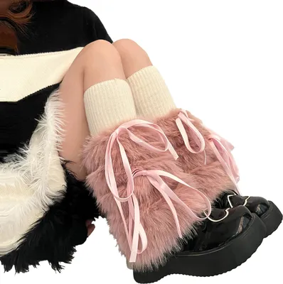 Produktbild von Flauschige Beinstulpen für Damen, Winter-Beinstulpen aus Kunstpelz mit Schleifen, flauschige Stiefelstulpen für Halloween, Weihnachten, Kostüme, Cosplay-Partys
