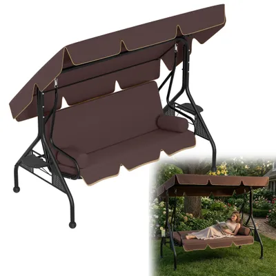 Image de Balançoire hollywoodienne XINZI 3 places avec toit pare-soleil, tables d'appoint et coussins, résistante aux intempéries, charge maximale de 350 kg, marron foncé, 185 x 113 x 163 cm