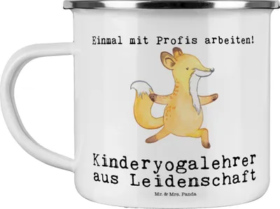 Produktbild von Mr. & Mrs. Panda Teetasse Kinderyogalehrer Leidenschaft - Weiß - Geschenk, Haferl, Pott, Teebecher, Emaille Tasse, blechbecher