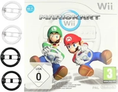 Produktbild von Nintendo Wii Mario Kart Spiel + 4 X Dinotech Lenkräder: 2X  Weiß + 2 X Schwarz  Fba