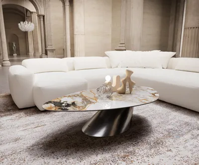 Produktbild von DELIFE Couchtisch Edge Organisch 140x76 cm Keramik Patagonia Poliert Conis Edelstahl gebürstet