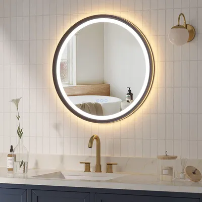 Produktbild von LED Badspiegel rund 60 cm Badezimmerspiegel mit Beleuchtung, mit Touchschalter, beschlagfrei, Kaltweiß & Warmweiß, Wandspiegel mit schwarzem Rahmen