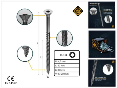 Produktbild von FORTE Tools Universal Holzschraube 4,5 x 50 mm T20 200 Stk. ( 000040113874 ) silber verzinkt Torx Senkkopf Teilgewinde