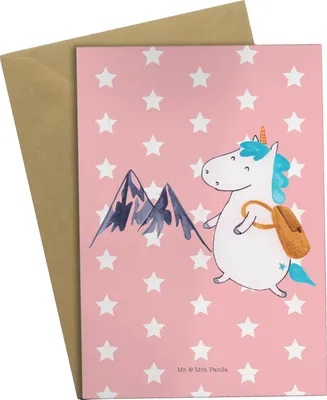 Produktbild von Mr. & Mrs. Panda babykarte Einhorn Bergsteiger - Rot Pastell - Geschenk, vatertagskarte, dankeskarten, Unicorn, Urlaub, Einhörner, hochzeitskarten, einladungskarten