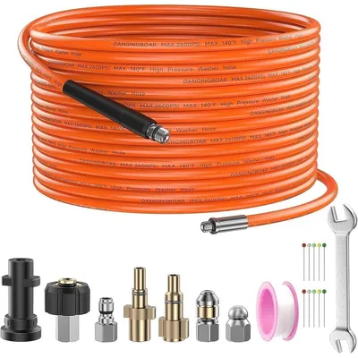 Image de Tuyau haute pression débouchage canalisation - Flexible - 10 m - Avec 2 buses - Avec 5 adaptateurs