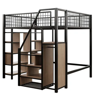 Produktbild von okwish 140×200 Jugendbett mit Stauraumleiter, Hochbett mit Sicherheitsgeländer und Stauraumfächern,Kinderbett in Schwarz,ohne Matratze