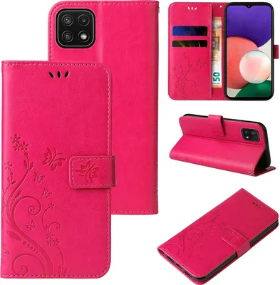 Produktbild von Handyhülle für Samsung Galaxy A22 5G Floral Blumen Schmetterling Flip Cover Hülle Case Klapphülle Handytasche Farbe: Pink