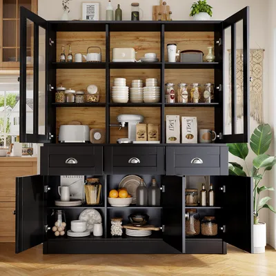 Immagine prodotto di Mobile da cucina Flieks a colonna con ante in acrilico, 140x40x175 cm, mobile contenitore per bagno, credenza nera