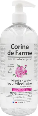 Zdjęcie produktu dla Corine de Farme Purity micellar water, Kobiety, 500 ml, Skóra sucha, Skóra wrażliwa, Uspokajający, Oczyszczenie, Nawilżający, Buteleczka z pompką, 1 szt.