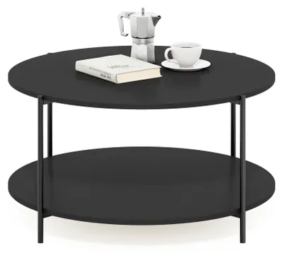Image de Furinno BESI, table d'appoint ronde à 2 niveaux avec espace de rangement, étagère et support pour bouteilles