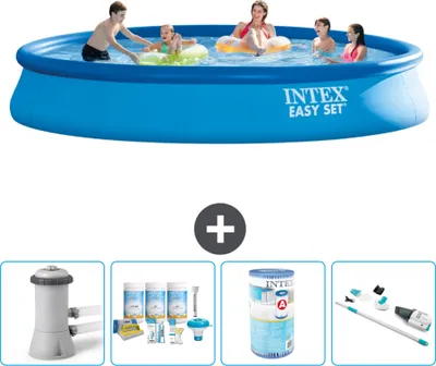 Produktbild von Intex runder aufblasbarer Easy Set-Schwimmpool – 457 x 84 cm – Blau – inklusive Pumpe Wartungspaket - Filter - Staubsauger