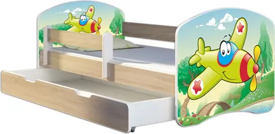 Produktbild von ACMA Jugendbett Kinderbett Junior-Bett Komplett-Set mit Matratze Lattenrost und Rausfallschutz Sonoma 29 Flugzeug 160x80 + Bettkasten