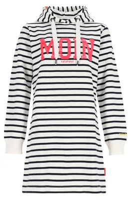 Produktbild von Salzhaut Damen Hoodie-Kleid Aust mit Moin-Print und Streifen - Gestreiftes Langarm-Kapuzenkleid in Nay-Offwhite-Neon-Pink Größe L