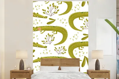 Produktbild von MuchoWow® Fototapete für Wohnzimmer oder Schlafzimmer Wandtapete Vinyl Motivtapete Muster - Krokodil - Weiß - 225x350 cm - Schlafzimmer tapete