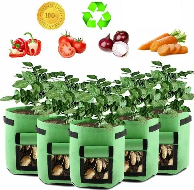 Image de 5 sacs de plantes, sac de plantation de pommes de terre 7 gallons avec poignées et fenêtre, respirant sac de légumes Grow Bag sac de plantation pour carottes/oignons/légumes (vert)