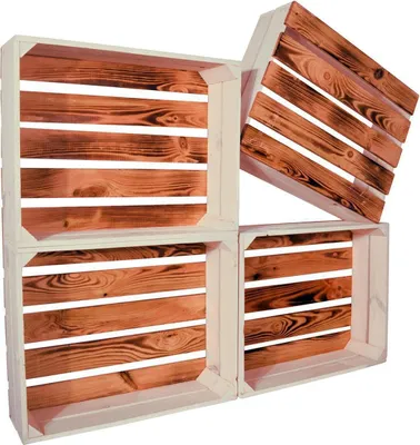 Produktbild von CHICCIE 4 Set Holzkiste Grete Weiß Geflammt Gehobelt 50x40x15cm - Holzkisten Obstkisten Weinkisten Dekokisten Regale