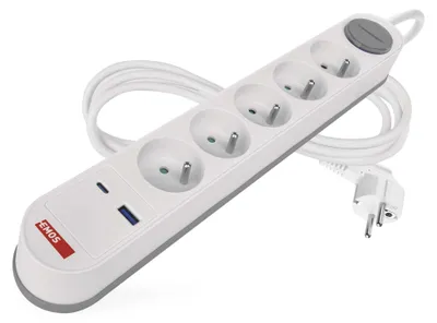 Prodlužovací kabel 3 m / 5 zásuvky / s vypínačem / bílo-šedý / 1×USB-A + 1×USB-C / 1,5 mm2