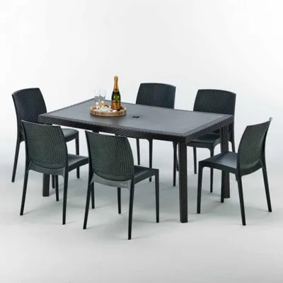 Produktbild von Poly Rattan Tisch Rechteckig mit 6 Bunten Polyrattan Stühlen 150x90 Schwarz