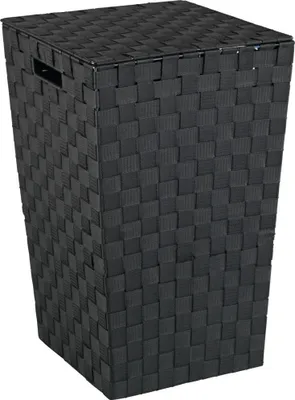 A black woven laundry basket with a lid.
