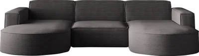 A dark gray U-shaped sectional sofa with a textured fabric.