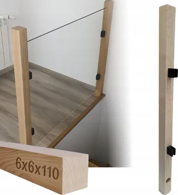 Immagine prodotto di Legno squadrato - Palo di legno - per ringhiera in vetro - 6 x 6 x 110 cm - Legno di faggio - Con staffe per vetro - Ringhiera per scale
