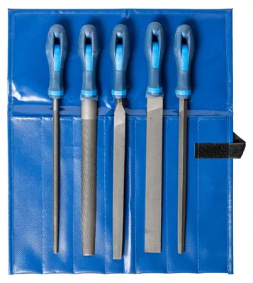 Obrázek produktu pro PFERD 11800543, Sada pilníků, Ploché složky, Půlkulatý pilník, Kulatý pilník, Čtyřhranný pilník, Trojhranný pilník, Hliník, Mosaz, Litina, Litá ocel, Měď, Ocel, Zinek, Modrá, 250 mm, Německo