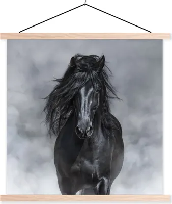 Produktbild von MuchoWow® Textilposter Pferd - Schwarz - Smoke 40x40 cm mit holzfarbenen Rahmen - Posterleiste