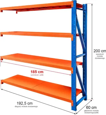 Zdjęcie produktu dla Regał metalowy magazynowy warsztatowy 4-półkowy Mega-M FORTIS LIGHT 200x192,5x60 cm moduł dostawny