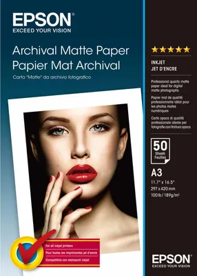 Produktbild von Epson Archival Matte Paper, DIN A3, 192 g/m², 50 Blatt, 19 x 308 x 432 mm, 1.44 kg
