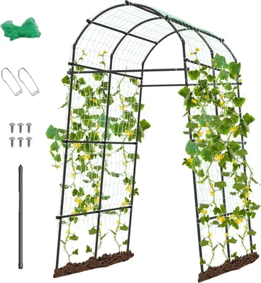 Produktbild von GOPLUS Rankgitter Metall, 230 cm Gartengurkengitter mit Ranknetz, A-Rahmen-Stützen & Bodenpfählen, Rankbogen Rankhilfe Spalier für Kletterpflanzen im Freien