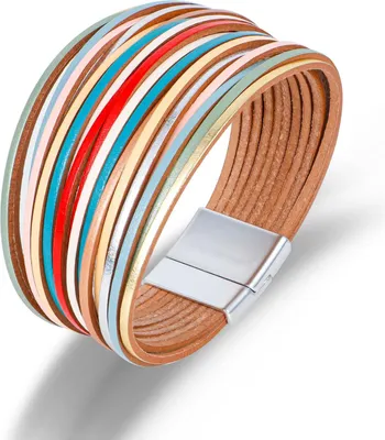 Produktbild von Regenbogenfarbenes Damen-Lederarmband, 19 cm, Boho-Stil