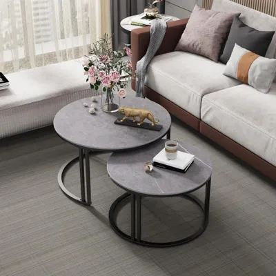 Image de FATIVO Table basse ronde, lot de 2 tables gigognes en marbre, lot de tables basses blanches, table de salon, table d'appoint pour chambre à coucher ou balcon, gris foncé