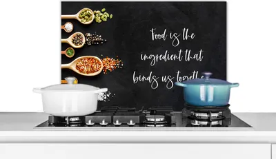Produktbild von KitchenYeah® Spritzschutz Küche - Küchenrückwand - Wandschutz für Herd und Spüle - Essen ist die Zutat, die uns zusammenhält - Sprichwörter - Zitate - Essen 70x50 - Alu-Dibond (Alternative zum Spritz
