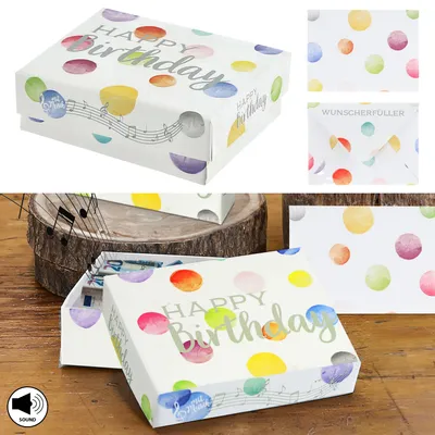 Produktbild von Geschenkbox mit Musik 'Happy Birthday' 9,5x7x3,5cm weiß bunt Karton Schachtel Stülpdeckel Briefumschlag Musik-Geschenkbox