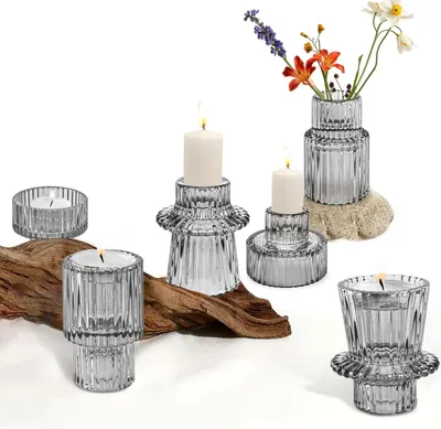 Image de PAPU Set de 3 bougeoirs en verre style boho avec 3 motifs Gris