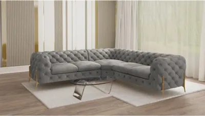 Produktbild von S-STYLE MÖBEL - Chesterfield Ecksofa Nova mit Goldene Metall Füßen aus Grau Samtstoff, B/T/H: 264 cm/ 264 cm/ 75 cm