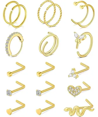 Obrázok produktu pre Sada piercingov, 18 kusov: L-tvarované piercingy a krúžky, vyrobené z chirurgickej ocele 316L, priemer 20G (0,8 mm), dĺžka 8 mm a 7 mm, farby: strieborná a zlatá