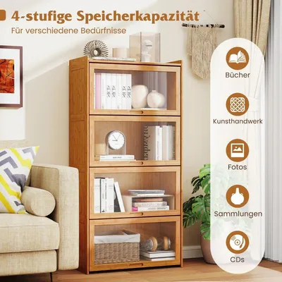 Immagine prodotto di Libreria a 4 livelli con vetrina con ante in acrilico in bambù 69 x 34 x 140 cm naturale