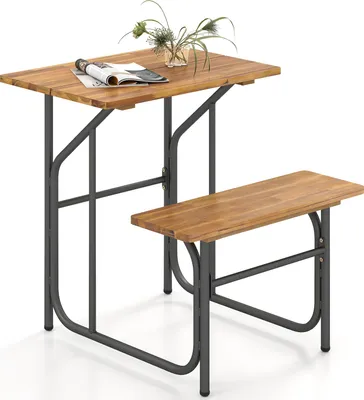 Produktbild von COSTWAY Balkontisch mit Bank, Gartenmöbel, Balkonmöbel, Balkonset Sitzgarnitur mit Akazienholzplatte & Metallbeinen, Sitzgruppe für 1 Personen
