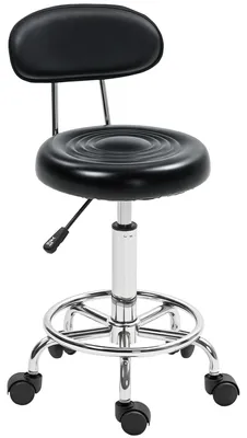 Produktbild von Rollhocker, Drehbarer und verstellbarer Hocker mit Rückenlehne, Kunstlederbezug, Fußstütze, für Frisiertische, Schwarz