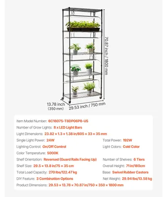 Productafbeelding van Plantenrek, geïntegreerde plantenlampen, verstelbare planken, 75 cm hoog, 6 niveaus, 192W