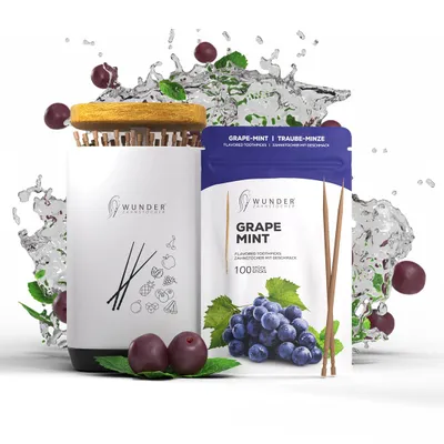 Produktbild von Wunder Zahnstocher - 1x Traube/Minze Refill Wunderzahnstocher mit Geschmack 100 Stück  + 1 x Zahnstocherspender für deinen Lifestyle