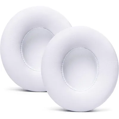 A pair of white ear pads for headphones.
