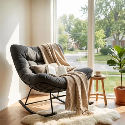 Produktbild von Schaukelsessel Outdoor, Schwingsessel, Loungesessel outdoor mit Kissen, Stabilem Metallrahmen, ideal für Balkon, Terrasse, Garten & Wohnzimmer, Grau