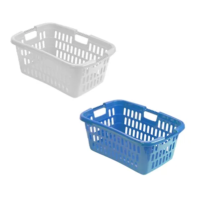 Two laundry baskets, one white and one blue, are shown against a white background.