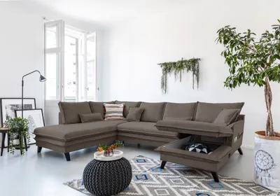 Produktbild von MIUFORM Charming Charlie - Ecksofa mit Bettfunktion und Bettkasten U-FORM LINKS - 302x200cm - Braun - Sofa Schlafsofa Couch