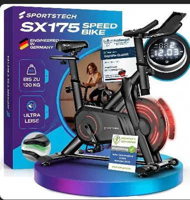 Produktbild von Sportstech Heimtrainer Fahrrad für zuhause, verstellbarer Magnetwiderstand, Indoor Speedbike, Ultraleise, Fitnessbike, LED Knob-Display, bis 120 kg, Kardiotraining, Tablet-Halter, App, SX175
