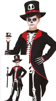 Produktbild von Skelett Halloween Kostüm Kinderhut Magisches Design Maskerade Zauberer Nachtklassiker Langer Mantel Gruselspaß Mysteriöses Outfit Unerwartete Überraschung, Größe: 110/116 Farbe: Schwarz